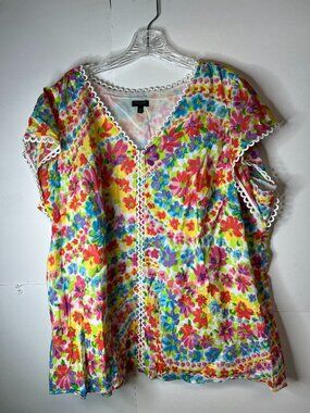 Talbots Women's Size 2X Vibrant Colorful Floral Top Cotton Lined Scalloped Trim
